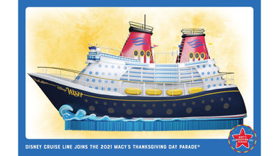 The Disney Wish float will feature Disney Cruise Line's iconic red funnels.