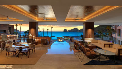 Renovations at the ME Cabo touched everything, from guestrooms and public spaces to food-and-beverage outlets and a new rooftop bar and lounge. Above, the hotel lobby.