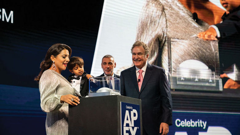 The Celebrity Apex was named in Fort Lauderdale yesterday by its godmother Reshma Saujani, the founder of the Girls Who Code nonprofit, with Royal Caribbean Group chairman Richard Fain, right.