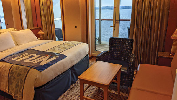 A standard balcony cabin onboard the Pride. A standard balcony cabin onboard the Pride.