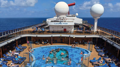 The Carnival Pride's pool deck is a no-nonsense retreat for sunbathing and fun.
