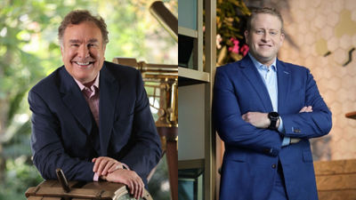 Richard Fain (left) will remain a Royal Caribbean Group board member. Jason Liberty assumes the chairman's role in addition to his CEO duties.
