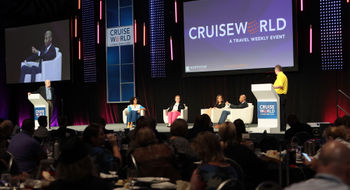 The panelists on the "Pitch perfect: Selling the all-inclusive market" at CruiseWorld, seated from left: April Dawn VanWagner of Club Med, Heidi Verschaeve of Sandos Hotels & Resorts, Andrea Wright of Playa Hotels & Resorts and Garth Laird of Unique Vacations.