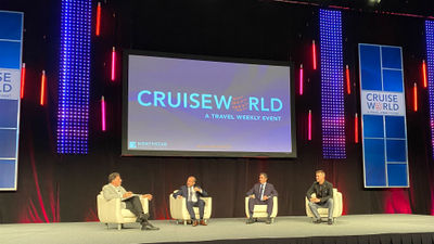 From left, Travel Weekly editor in chief Arnie Weissmann, Holland America Line president Gus Antorcha, Seabourn president Josh Leibowitz and Princess Cruises president John Padgett at CruiseWorld.