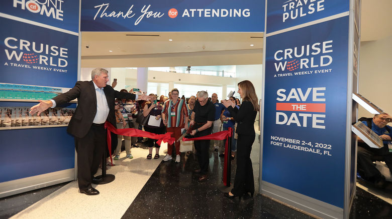 CruiseWorld, Travel Weekly's annual travel advisor-focused show, was a remote event in 2020, but it returned, live and lively, in 2021 at the Miami Beach Convention Center. Maurice Honor, the vice president of travel distribution sales for the Hertz Corp., cut the ribbon to open the Exhibitor Showcase as Northstar Travel Group's Bob Sullivan and Alicia Evanko stand by to greet attendees.