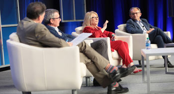 Travel Weekly editor-in-chief Arnie Weissmann, left, sat down with Royal Caribbean Group presidents Michael Bayley of Royal Caribbean International, Lisa Lutoff-Perlo of Celebrity and Roberto Martinoli of Silversea to discuss a wide variety of topics during the Royal Leadership Chat at CruiseWorld on Wednesday.