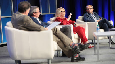 Travel Weekly editor-in-chief Arnie Weissmann, left, sat down with Royal Caribbean Group presidents Michael Bayley of Royal Caribbean International, Lisa Lutoff-Perlo of Celebrity and Roberto Martinoli of Silversea to discuss a wide variety of topics during the Royal Leadership Chat at CruiseWorld on Wednesday.