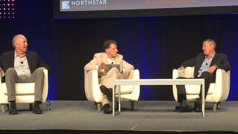From left, former Celebrity Cruies CEO Dan Hanrahan, Travel Weekly editor-in-chief Arnie Weissmann and former Norwegian Cruise Line CEO Andy Stuart at CruiseWorld on Nov. 12.
