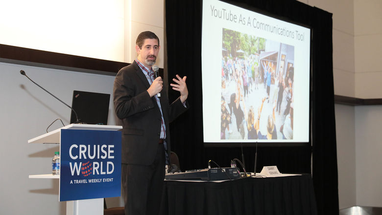 Danny Genung giving a talk about YouTube marketing at Travel Weekly's CruiseWorld last November.