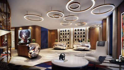 Hard Rock Hotel New York is slated to open in April 2022 and is now taking reservations. Pictured, a rendering of the hotel’s lobby.