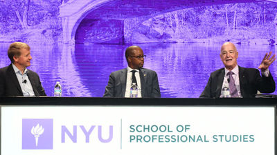 Industry leaders discuss the need for diversity at all levels of the hospitality industry. From left: David Marriott, board of directors for Marriott International; Wayne A. I. Frederick, president of Howard University; and Andrew Hamilton, president of New York University.