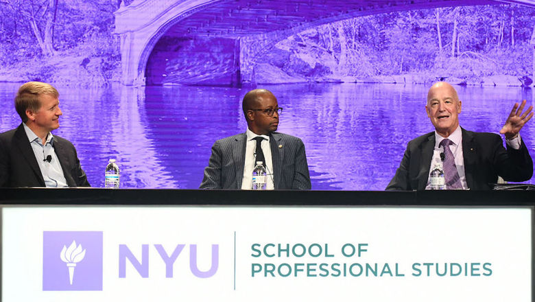 Industry leaders discuss the need for diversity at all levels of the hospitality industry. From left: David Marriott, board of directors for Marriott International; Wayne A. I. Frederick, president of Howard University; and Andrew Hamilton, president of New York University.