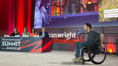 Alvaro Silberstein, CEO of Wheel the World, pitches his app that provides detailed travel accessibility data.