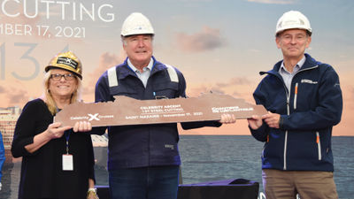 From left, Celebrity Cruises CEO Lisa Lutoff-Perlo, Royal Caribbean Group chairman Richard Fain and Chantiers de l'Atlantique general manager Laurent Castaing at the Celebrity Ascent steel-cutting ceremony.