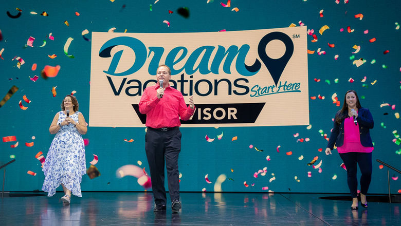 From left, Dream Vacations/CruiseOne executives Debbie Fiorino, Drew Daly and Alicia Linden at the travel agency franchise's conference aboard the Celebrity Apex.