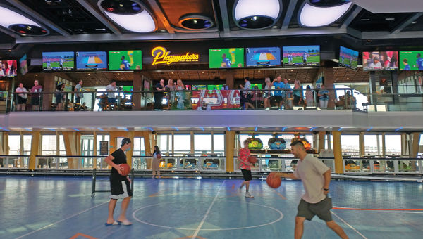 On the Odyssey, the Playmakers Sportsbar & Arcade is, for the first time, inside the SeaPlex on the second level, allowing guests to overlook activities below. On the Odyssey, the Playmakers Sportsbar & Arcade is, for the first time, inside the SeaPlex on the second level, allowing guests to overlook activities below.