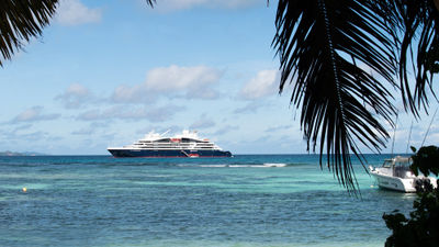Ponant ship Le Laperouse in La Digue in the Seychelles.
