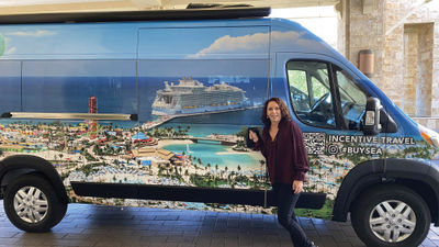 Shari Wallack's van has been wrapped to showcase Royal Caribbean's Perfect Day at Coco Cay private island on the passenger side.