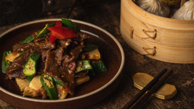Mott 32’s plant-based stir-fried "beef" with okra and bamboo shoots. Many restaurants at the Venetian celebrated Vegan Month in November by introducing elevated vegan dishes.