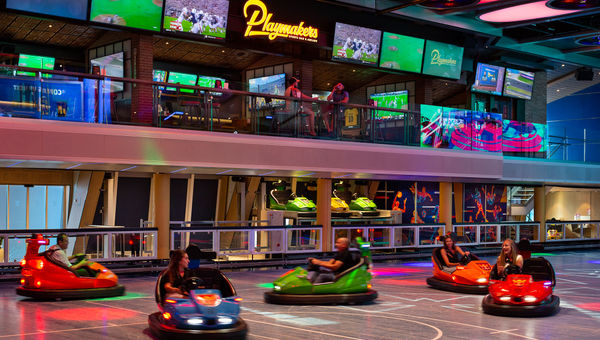 The Playmakers sports bar and arcade overlooks the bumper cars in SeaPlex, the Odyssey's two-level activity complex.