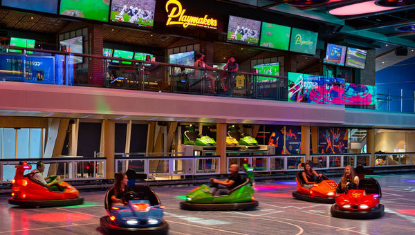 The Playmakers sports bar and arcade overlooks the bumper cars in SeaPlex, the Odyssey's two-level activity complex.