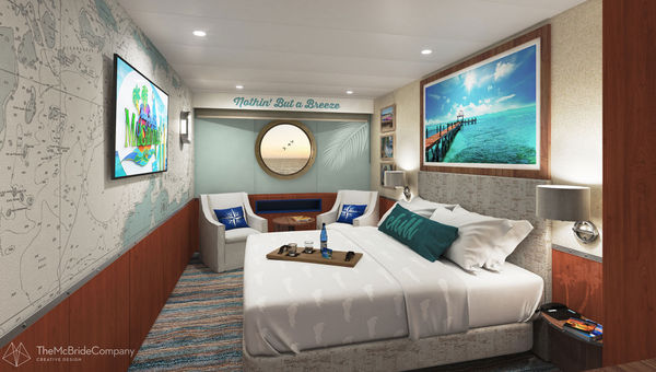 Rendering of a stateroom on the Margaritaville Paradise. Rendering of a stateroom on the Margaritaville Paradise.