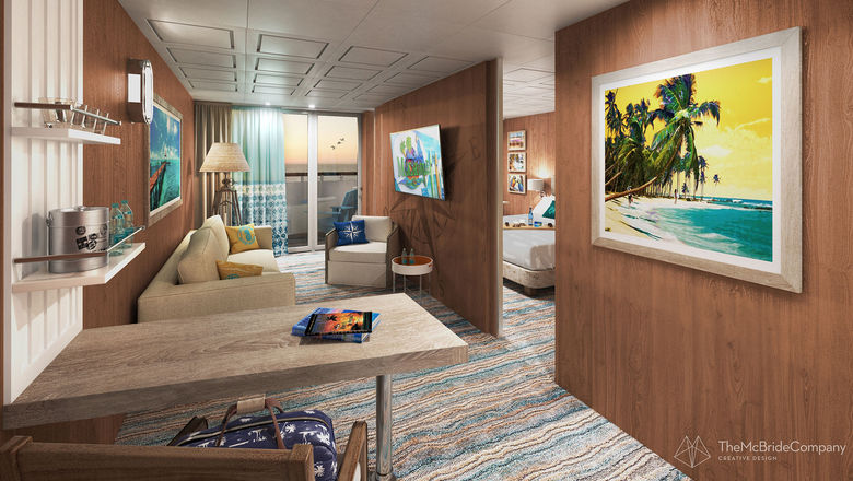 A rendering of a suite on the Margaritaville Paradise cruise ship.