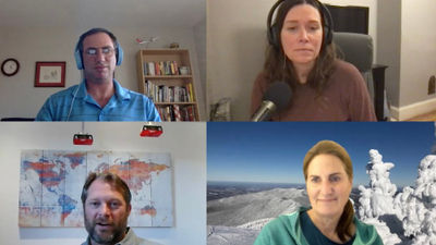Clockwise from top left: Robert Silk and Rebecca Tobin of Travel Weekly, Molly Mahar of Ski Vermont and Dan Sherman of Ski.com on the Folo by Travel Weekly podcast, talking about the 2021-22 ski season.