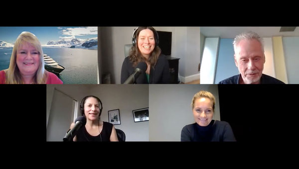 Ann Chamberlin of Scenic, Rebecca Tobin, Sven Lindblad of Lindblad Expeditions, Asta Lassesen of Hurtigruten Expeditions and Johanna Jainchill of Travel Weekly during a Folo by Travel Weekly podcast episode about expedition cruising.