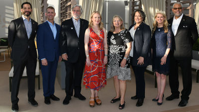Attending the Enchanted Princess naming, from left: Carnival Corp. COO Josh Weinstein; Princess president John Padgett; Carnival Corp. chairman Micky Arison; ship godmothers Jenifer Austin, Lynn Danaher and Vicki Ferrini; Holland America Group president Jan Swartz; and Carnival Corp. CEO Arnold Donald.