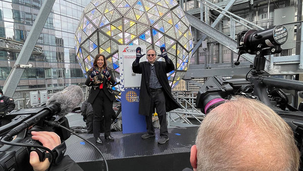 Carnival Cruise Line president Christine Duffy will flip the switch to light the Times Square New Year's Eve ball on Dec. 31. With her at a rehearsal on Dec. 30 was Countdown Entertainment president Jeffrey Straus, showing off the "Funderstruck" mittens Carnival will distribute to the crowd in Times Square.