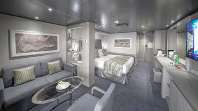 Deluxe suite accommodations on the MSC Seashore.
