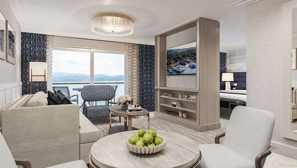 A rendering of a Grand Suite on an American Cruise Lines Project Blue ship. The new vessels are set to debut in 2023.
