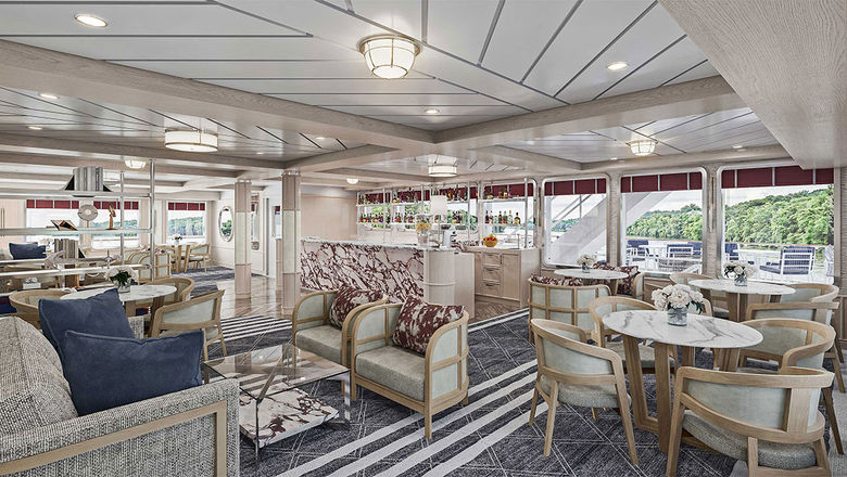 A rendering of the Sky Lounge onboard an American Cruise Lines Project Blue ship.