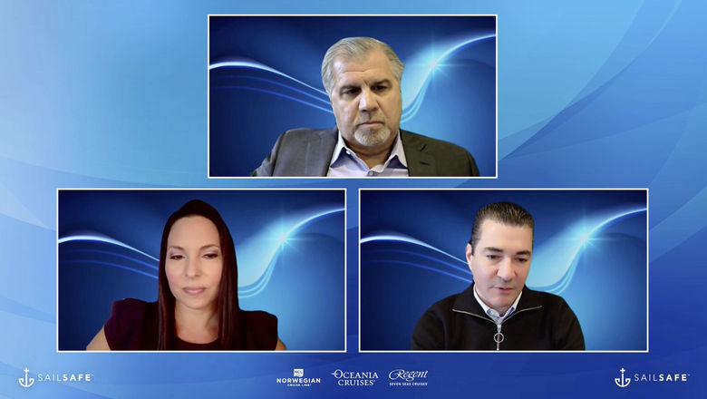 Dr. Scott Gottlieb (lower right) said that in another two weeks, the level of omicron infection will "come down to a sufficiently low level that is going to be palpable." He was joined online by NCLH CEO Frank Del Rio and Regent Seven Seas Cruises sales and marketing chief Andrea DeMarco.