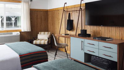 A renovated guestroom at the Virginian Lodge in Jackson, Wyo.