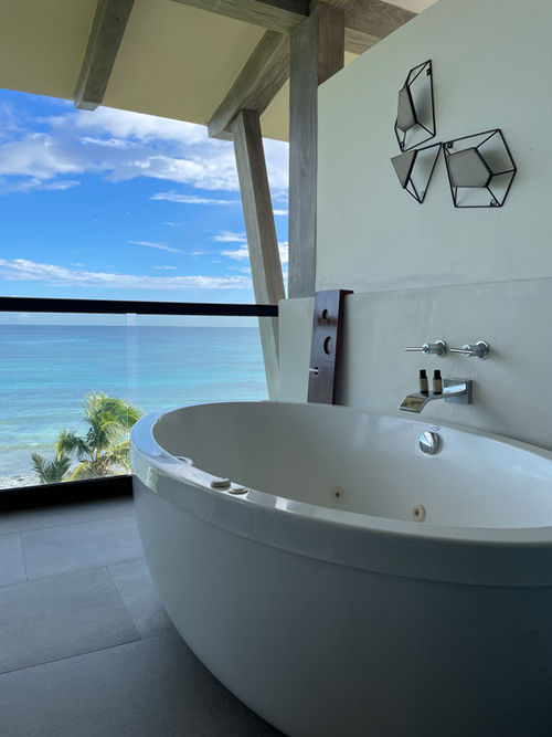 The view from the terrace of a one-bedroom Estancia Suite. All rooms above the first floor have outdoor soaking tubs. The view from the terrace of a one-bedroom Estancia Suite. All rooms above the first floor have outdoor soaking tubs.