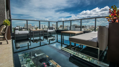 JW Marriott's Vertygo 101 Lounge & Bar features a glass-floored terrace and its own branded craft beer.