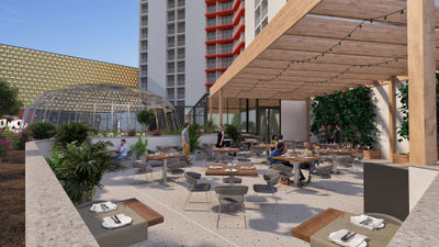 A rendering of the new patio outside Oscar’s steakhouse at the Plaza Hotel & Casino.