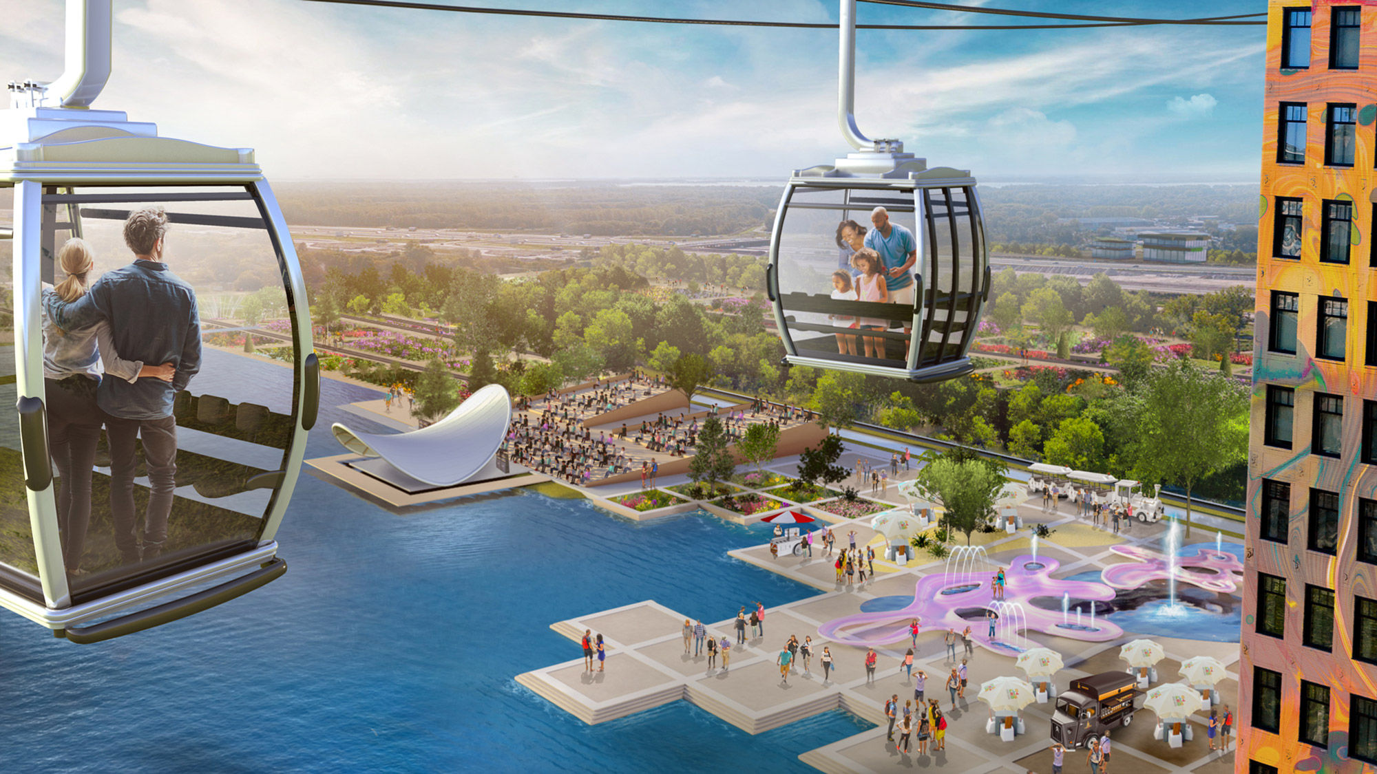 A rendering of the Floriade Expo's Central Square, as seen from the show's aerial cable car.