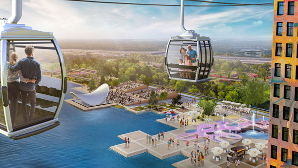 A rendering of the Floriade Expo's Central Square, as seen from the show's aerial cable car.