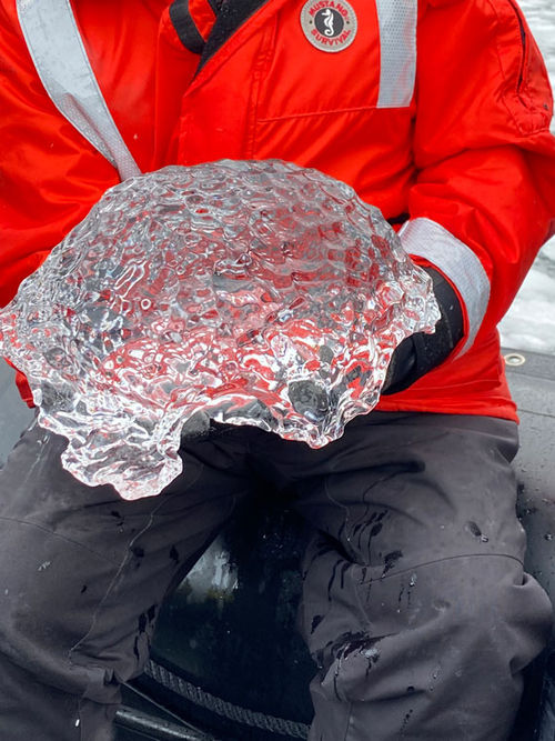 The crystal-like appearance of this ice block is evidence that it is thousands of years old.
