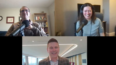 Clockwise from top right: Robert Silk and Rebecca Tobin of Travel Weekly and Kyle Maybry, American Airlines' vice president of global sales.