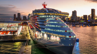 Virgin Voyages' Scarlet Lady berthed at Terminal V in Miami. The line opened the terminal on Sunday.