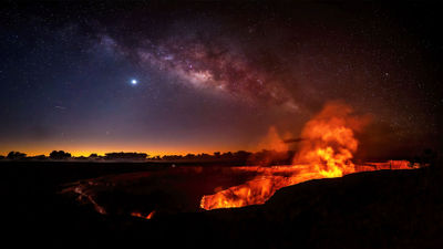 Lava glows from the Kilauea crater in Hawaii Volcanoes National Park on Feb. 13.