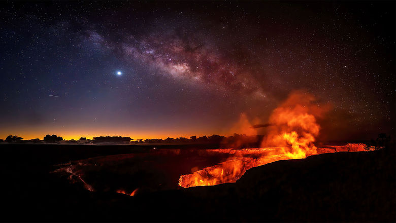 Lava glows from the Kilauea crater in Hawaii Volcanoes National Park on Feb. 13.