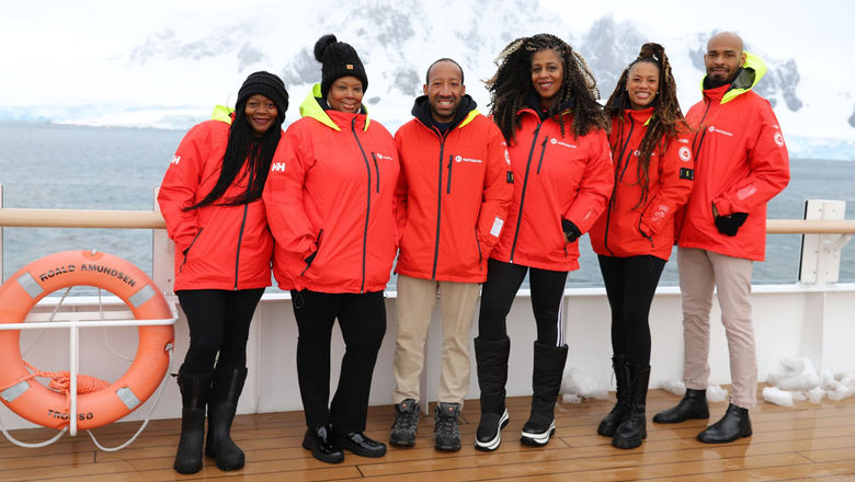 Members of Hurtigruten's Black Traveler Advisory Board were aboard the Roald Amundsen in Antarctica. From left, Naledi Khabo, Stephanie Jones, Kareem George, Rue Mapp, Martinique Lewis and Anthony Gould.