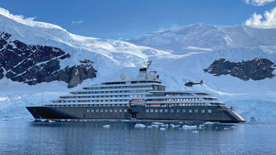 The Scenic Eclipse in Neko Harbor. The ship is the only one currently offering helicopter tours in the Antarctica cruise market.