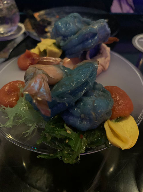 An otherworldly blue shrimp cocktail.