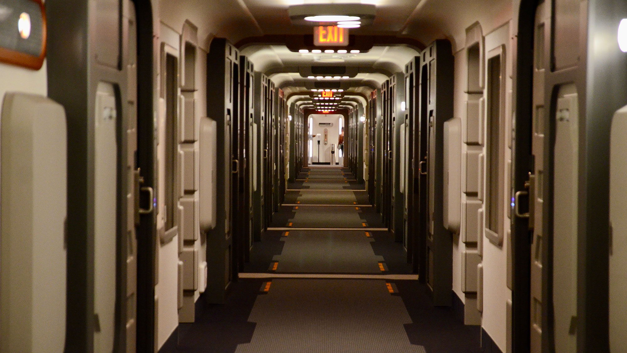 A hallway leading to cabins aboard the Halcyon.